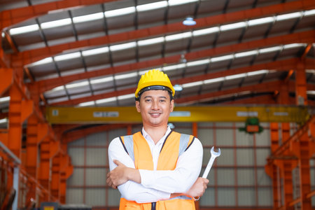 Selective focus at Asian men mechanical engineer, wearing safety equipment. While doing audit for quality and safety control inside of factory area. With blurred background of heavy machine.の写真素材