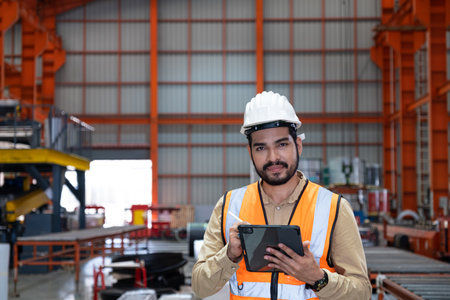 Selective focus at Asian men engineer supervisor, wearing safety equipment. While using digital tablet for quality and safety control inside of factory area. With blurred background of heavy machine.の写真素材