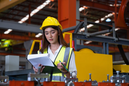 Selective focus at young women inspector wearing safety equipment. While doing audit for quality and safety control inside of factory area. With blurred background of heavy machine.の写真素材