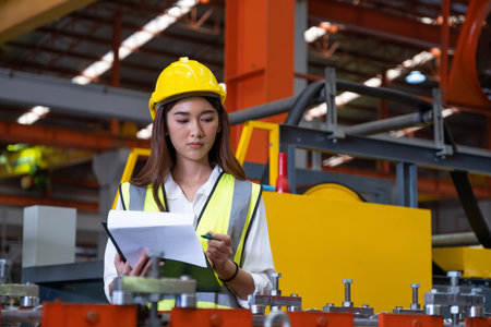 Selective focus at young women inspector wearing safety equipment. While doing audit for quality and safety control inside of factory area. With blurred background of heavy machine.の写真素材