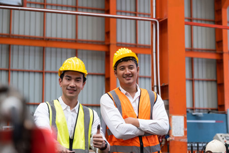 Selective focus at Asian men mechanical engineer, wearing safety equipment. While doing machine maintenance and safety control inside of factory area. With blurred background of heavy machine.の写真素材