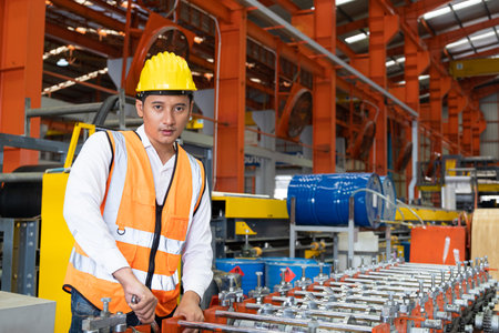 Selective focus at Asian men mechanical engineer, wearing safety equipment. While doing audit for quality and safety control inside of factory area. With blurred background of heavy machine.の写真素材