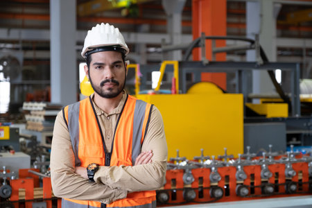 Selective focus at Asian men engineer supervisor, wearing safety equipment. While doing audit for quality and safety control inside of factory area. With blurred background of heavy machine.の写真素材