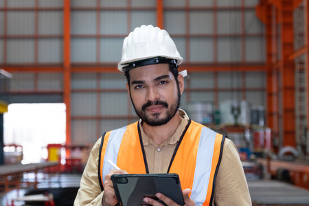 Selective focus at Asian men engineer supervisor, wearing safety equipment. While using digital tablet for quality and safety control inside of factory area. With blurred background of heavy machine.の写真素材