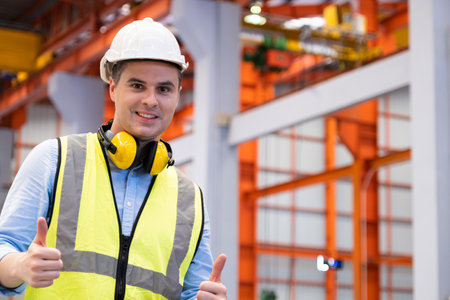Selective focus at Caucasian men engineer supervisor, wearing safety equipment and ear protection While doing audit for quality and safety control inside of factory area.の写真素材
