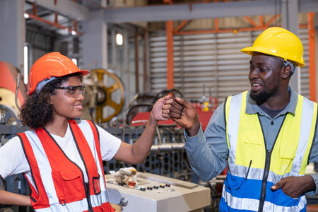 African mechanical engineer team, wearing safety equipment. While doing machine maintenance and safety control while work inside of factory area. With blurred background of heavy machine.の写真素材