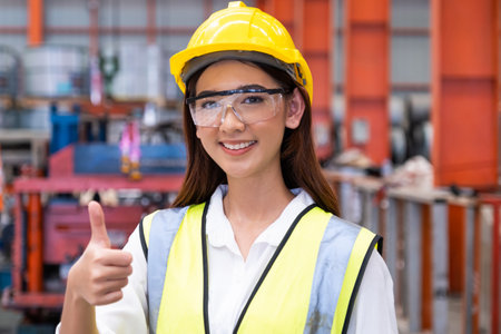 Selective focus at young women inspector wearing safety equipment. While doing audit for quality and safety control inside of factory area. With blurred background of heavy machine.の写真素材