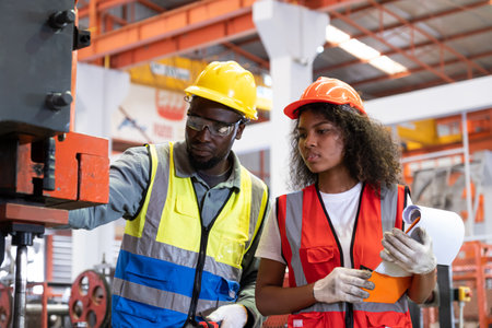 African mechanical engineer team, wearing safety equipment. While doing machine maintenance and safety control while work inside of factory area. With blurred background of heavy machine.の写真素材