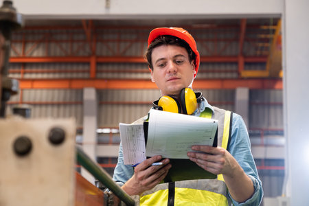 Selective focus at engineer men inspector wearing safety equipment. While doing audit for quality and safety control inside of factory area. With blurred background of heavy machine.の写真素材