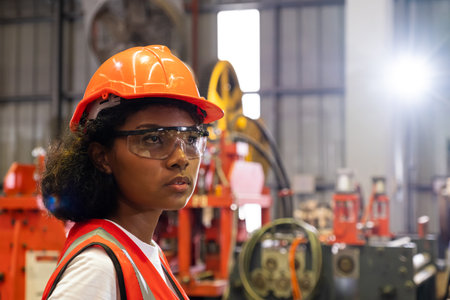 African women mechanical engineer, wearing safety equipment. While do safety control while work...