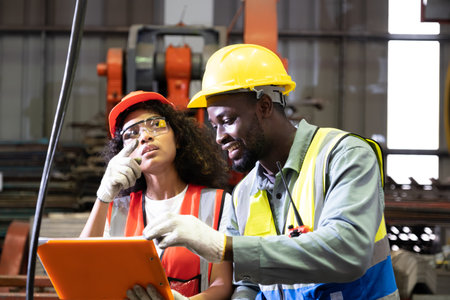 African mechanical engineer team, wearing safety equipment. While doing machine maintenance and safety control while work inside of factory area. With blurred background of heavy machine.の写真素材