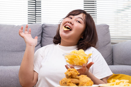 Young Asian oversize women gain weight while eating fried chicken, potato chips and French fried. Junk food that can cause obesity and unhealthy for human body.の写真素材