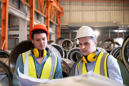 Selective focus at Caucasian men mechanical engineer, wearing safety equipment. While doing machine maintenance and safety control inside of factory area. With blurred background of heavy machine.の写真素材