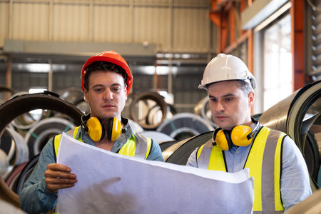 Selective focus at Caucasian men mechanical engineer, wearing safety equipment. While doing machine maintenance and safety control inside of factory area. With blurred background of heavy machine.の写真素材