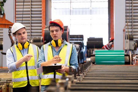 Selective focus at Caucasian men mechanical engineer, wearing safety equipment. While doing machine maintenance and safety control inside of factory area. With blurred background of heavy machine.の写真素材