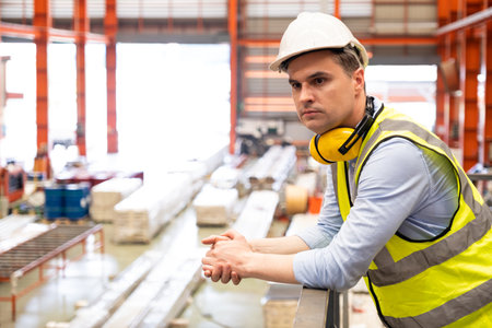 Selective focus at Caucasian men mechanical engineer, wearing safety equipment. While doing machine maintenance and safety control inside of factory area. With blurred background of heavy machine.の写真素材