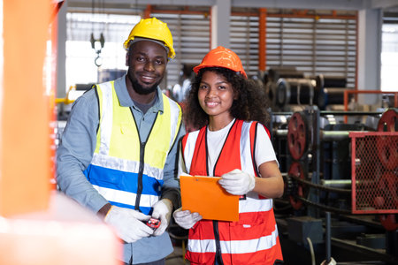 African mechanical engineer team, wearing safety equipment. While doing machine maintenance and safety control while work inside of factory area. With blurred background of heavy machine.の写真素材