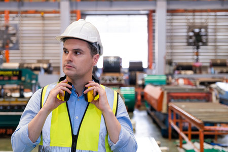 Selective focus at Caucasian men engineer supervisor, wearing safety equipment and ear protection While doing audit for quality and safety control inside of factory area.の写真素材