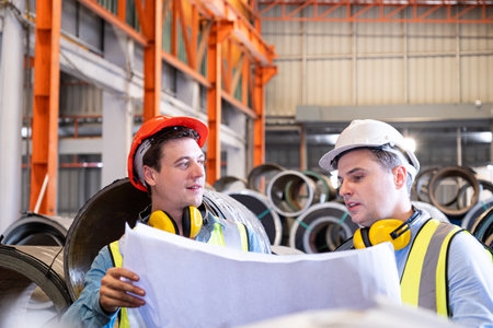 Selective focus at Caucasian men mechanical engineer, wearing safety equipment. While doing machine maintenance and safety control inside of factory area. With blurred background of heavy machine.の写真素材