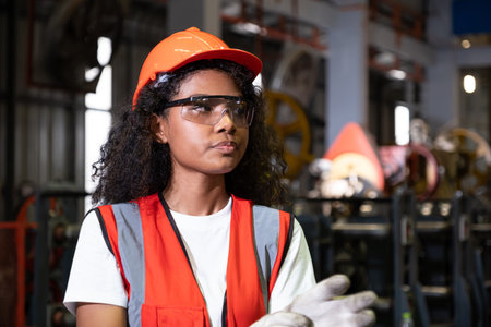African women mechanical engineer, wearing safety equipment. While do safety control while work inside of factory area. with heavy production machine inside factory at the background.の写真素材