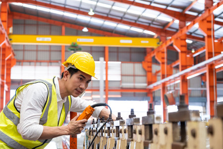 Selective focus at Asian men engineer supervisor, wearing safety equipment. While doing audit for quality and safety control inside of factory area. With blurred background of heavy machine.の写真素材