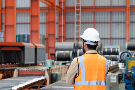 selective focus at men engineer who wearing safety equipment and looking into factory or industrial production line to monitor workflow and inspect the quality of product.の写真素材