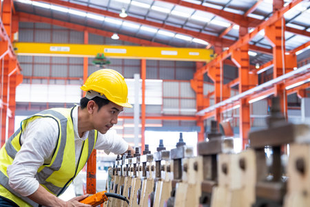 Selective focus at Asian men engineer supervisor, wearing safety equipment. While doing audit for quality and safety control inside of factory area. With blurred background of heavy machine.の写真素材