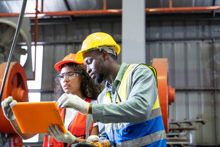 African mechanical engineer, wearing safety equipment. While doing machine maintenance and safety control while work inside of factory area. With blurred background of heavy machine. Success team.の写真素材
