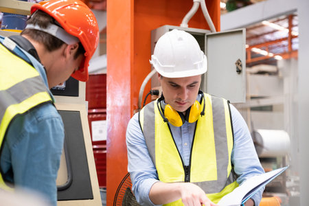 Selective focus at Caucasian men mechanical engineer, wearing safety equipment. While doing machine...