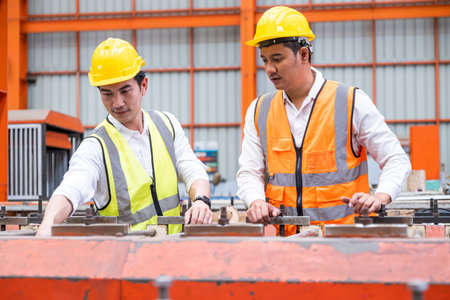 Selective focus at Asian men mechanical engineer, wearing safety equipment. While doing machine maintenance and safety control inside of factory area. With blurred background of heavy machine.の写真素材