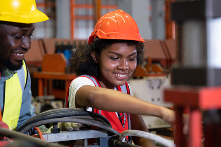 African mechanical engineer team, wearing safety equipment. While doing machine maintenance and safety control while work inside of factory area. With blurred background of heavy machine.の写真素材
