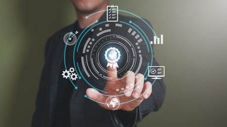 Businessman show thumbs up with icon that show top service quality standard in business or industrial ISO certification. Quality assurance formal concept in organization.の写真素材