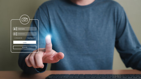 Selective focus at people hand while using smartphone to type password credential to login to Internet wireless connection at home. Network security of internet access into router with futuristic iconの写真素材
