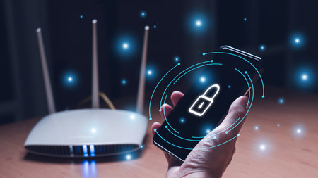Selective focus at people hand while using smartphone to type password credential to login to Internet wireless connection at home. Network security of internet access into router with futuristic iconの写真素材