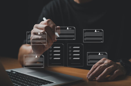 People using laptop while edit online shared document that can access online from cloud service. Work anywhere that can approve or correct file with real time storage and backupの写真素材