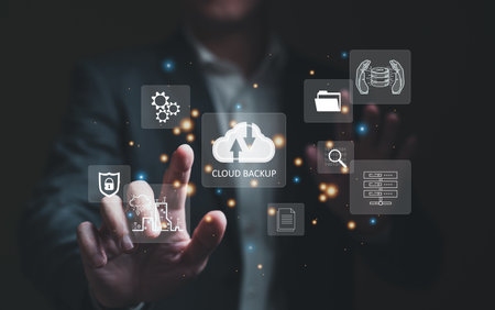 Business person migrate data and corporate information into cloud technology for data security and back up as disaster recovery site and prevent for cyber crime. Data inventory for enterprise.の写真素材
