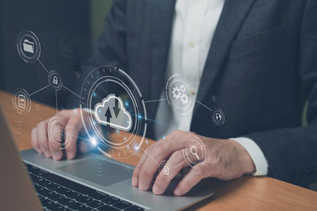 Business person migrate data and corporate information into cloud technology for data security and...