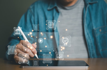 Student or entrepreneur study or attend online class and conference from laptop computer at home. Distance learning from online course that can access from website with network connection.の写真素材