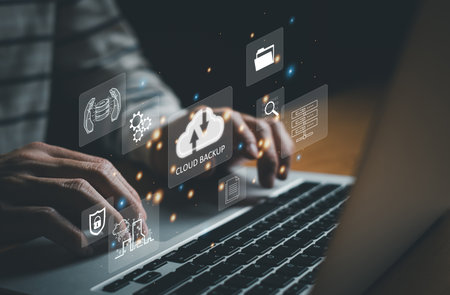 Business person migrate data and corporate information into cloud technology for data security and back up as disaster recovery site and prevent for cyber crime. Data inventory for enterprise.の写真素材