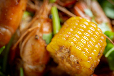 Spicy seafood bucket, Cook spicy shrimp mixed seafood Thai style, Thai foods.;の写真素材