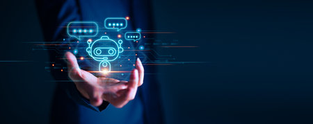 Businessman holding hologram digital chatbot, chat GPT, robot application, conversation assistant,...