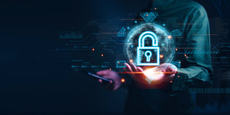 Businessman holding hologram padlock and use hologram global structure customer network technology,...