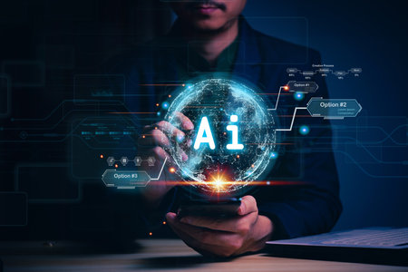Businessman holding hologram Ai Chat system virtual icon using on smartphone intelligence Ai, Chat with AI Artificial Intelligence, Futuristic technology, robot in online system.の写真素材
