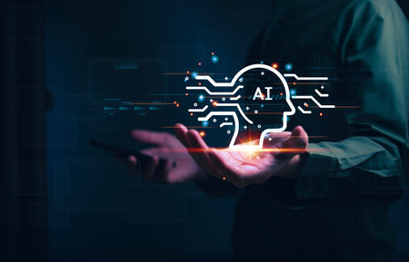 Businessman holding hologram Ai Chat system virtual icon  intelligence Ai, Chat with AI Artificial Intelligence, Futuristic technology, robot in online system.の写真素材