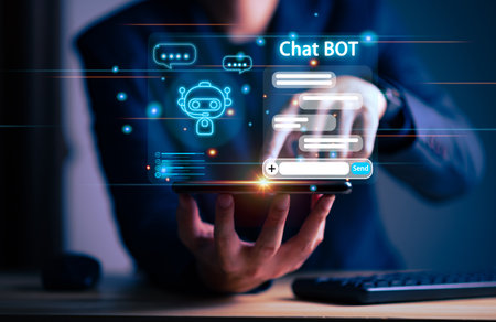 Businessman using smartphone for digital chatbot for comunication chat with bot, robot application,...