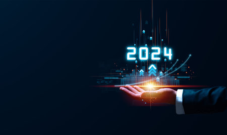 Businessman hand holding the increase arrow graph corporate future growth year 2023 to 2024. New...