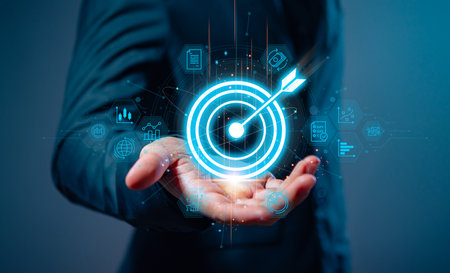 Businessman with target arrow virtual digital technology icon, business investment objectives and...