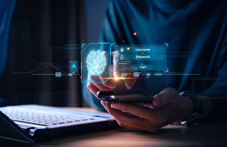 Cyber security concept Fingerprint scanning prevents access, security and identity of big data businesses. Future technology security and cybernetics in internet, banking and cloud computing.の写真素材