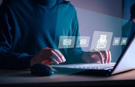 Digital email communication concepts, Businessman sending email to customer, business contact and communication, email marketing concept, send e-mail or newsletter, online working internet network.の写真素材