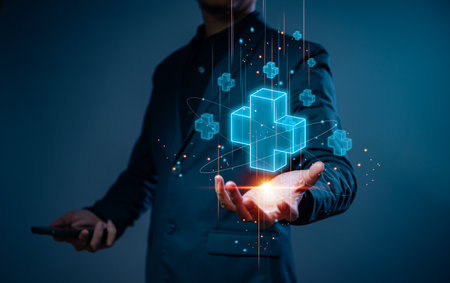 Businessman holding virtual blue plus sign to offer positive thing with thinking mindset or healthcare insurance symbol concept, like benefits, personal development, health insurance, growth concepts.の写真素材